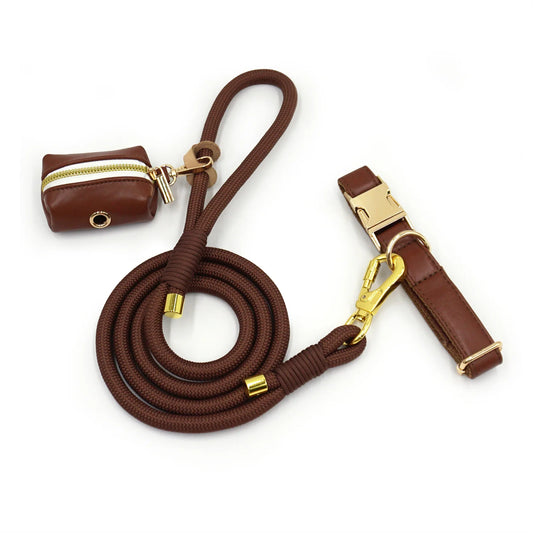 Espresso Leather Walk Set – Collar, Leash & Bag Holder