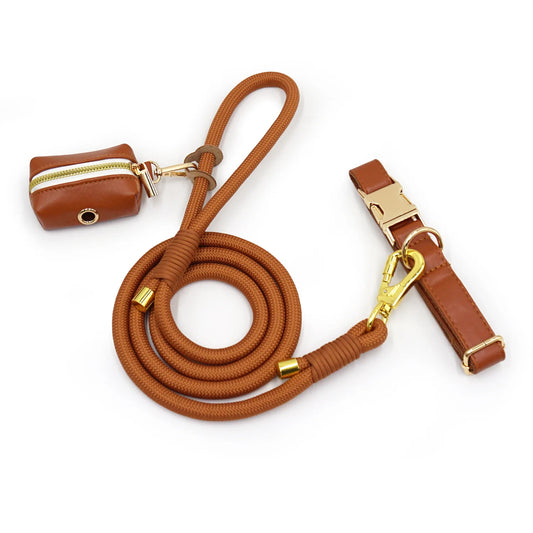 Elegant Brown Leather Walk Set – Collar, Leash & Bag Holder