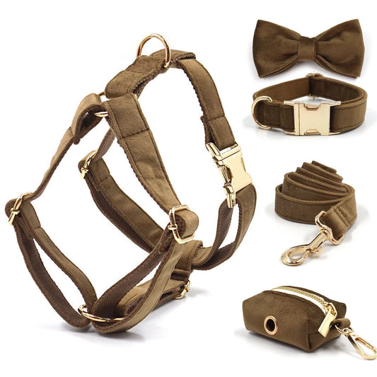 Elegant Brown Velvet Walk Set – Harness, Leash & Bag Holder