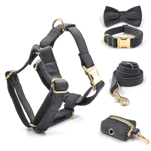 Dark Grey Velvet Walk Set – Harness, Leash & Bag Holder