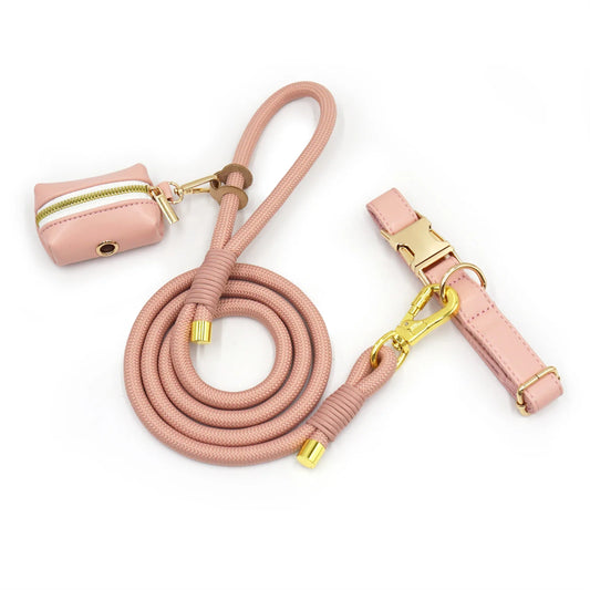 Blush Pink Leather Walk Set – Collar, Leash & Bag Holder