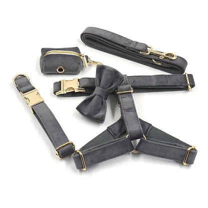 Dark Grey Velvet Walk Set – Harness, Leash & Bag Holder